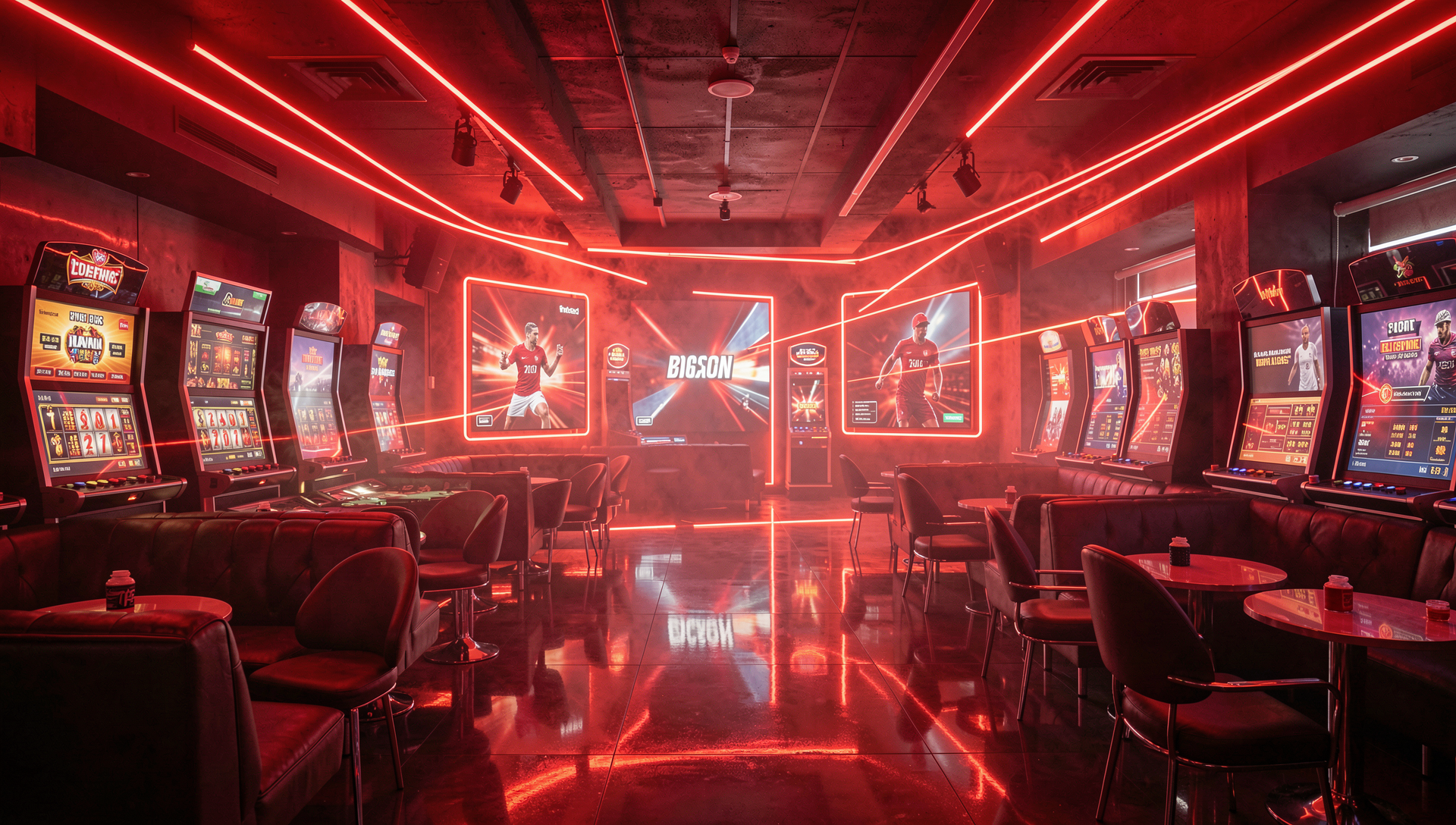 Gaming arena bathed in crimson light capturing the Bagggybet identity